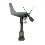 Weathered nautical vane anemometer salvaged from a ship, featuring an aluminum body, fiberglass tail, and maritime patina.