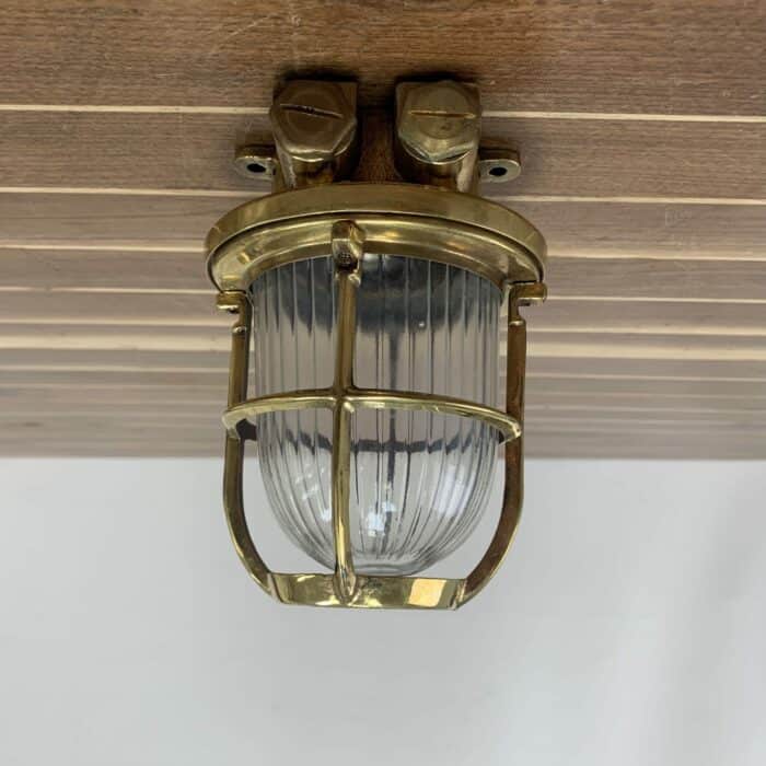 Small Nautical Brass Cage Ribbed Globe Ceiling Light