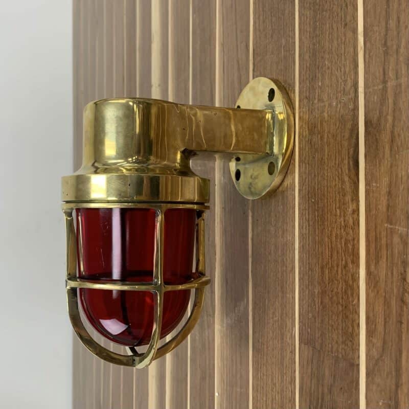 Small Brass Nautical Wall Sconce With Red Globe