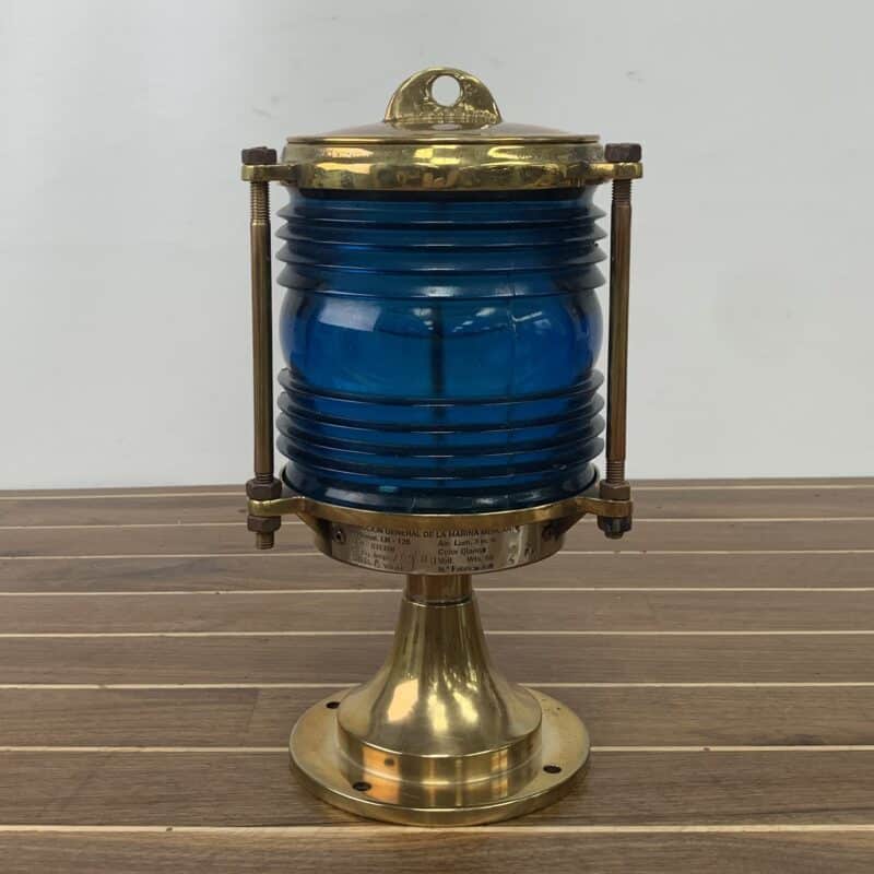 Nautical Brass Post Mounted Light With Blue Glass
