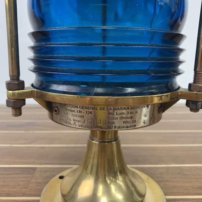Nautical Brass Post Mounted Light With Blue Glass