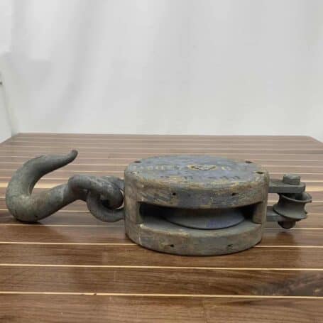 ITEM #P12-37 Vintage Single Rope Wooden Block Pulley With Hook 02 Vintage Single Rope Wooden Block Pulley With Hook
