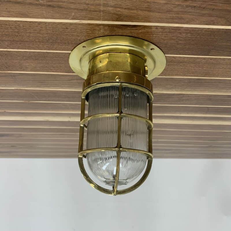 ITEM #P3-13S Brass Engine Room Ceiling Light With Ribbed Globe