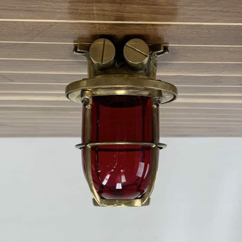 Vintage Brass Red Glass Globe Ceiling Light