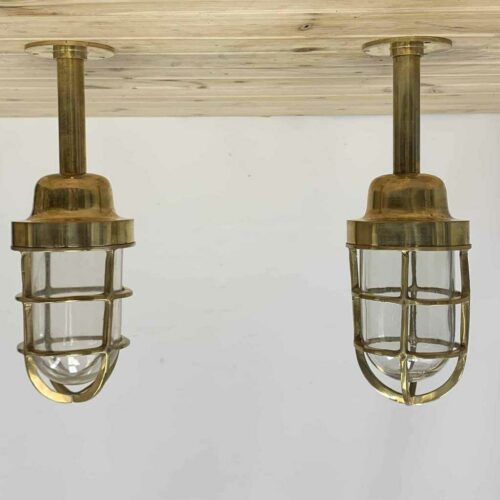 P9-12SET2 Set of 2 Reclaimed Polished Brass Ceiling Lights - Clear Globe 01