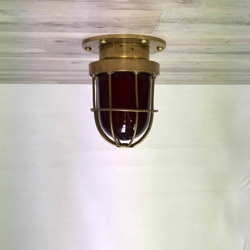 Red Glass Brass Nautical Caged Ceiling Light