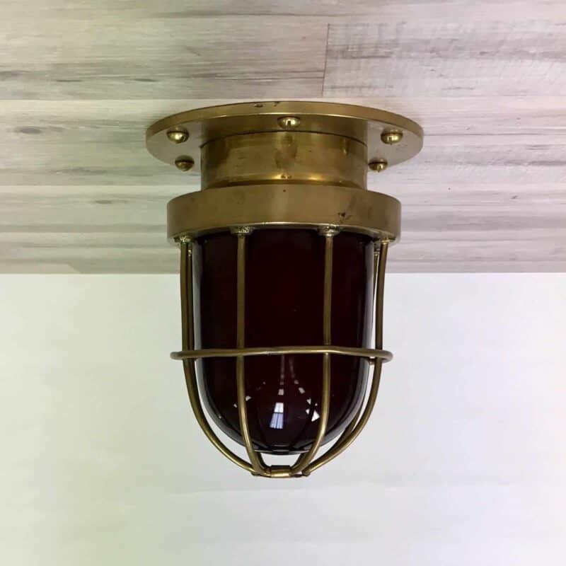 Red Glass Brass Nautical Caged Ceiling Light