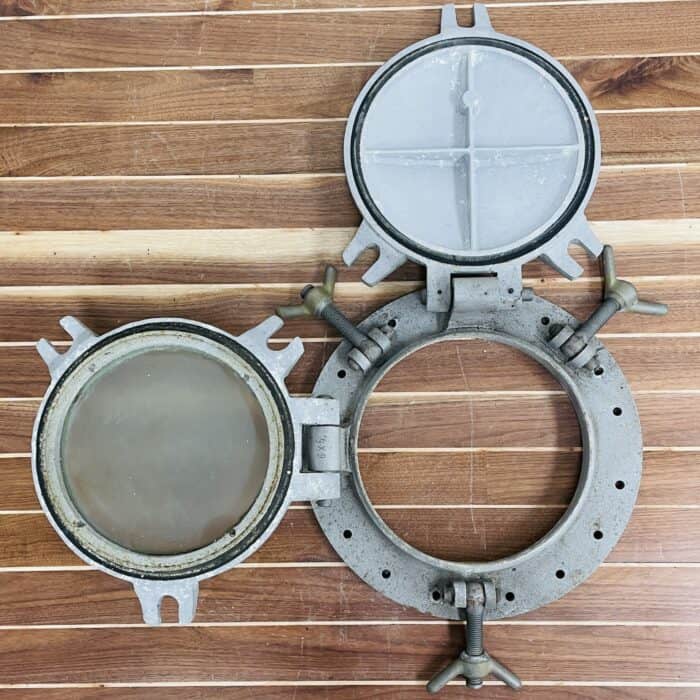Salvaged Vintage Aluminum Porthole With Frosted Glass And Storm Cover 2-23