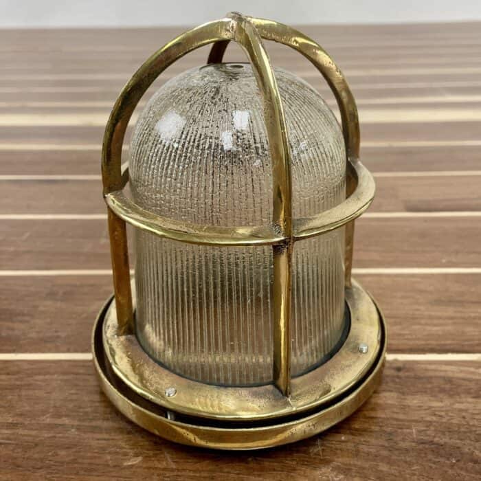 Small Vintage Brass Cage Ribbed Glass Ceiling Light