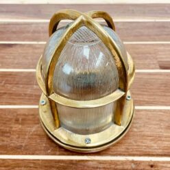 Small Vintage Brass Thin Ribbed Globe Ceiling Light