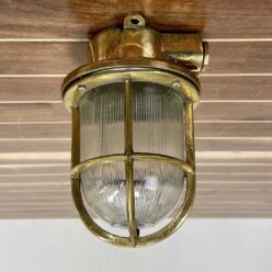 Small Vintage Brass Thin Ribbed Globe Ceiling Light