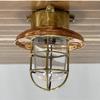Vintage Brass Engine Room Ceiling Light With 7.5 Copper Shade 2-23