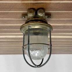 Vintage Patina Caged Ribbed Brass Ceiling Light