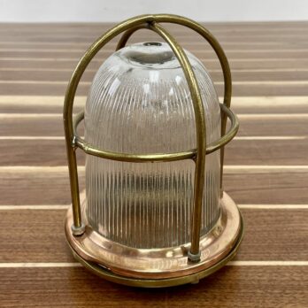 Vintage Red Brass Thin Ribbed Glass Nautical Ceiling Light