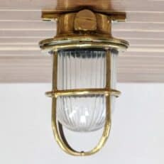 Vintage Thick Brass Ceiling Light With Ribbed Glass Globe