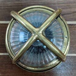 Vintage Thick Brass Ceiling Light With Ribbed Glass Globe 03