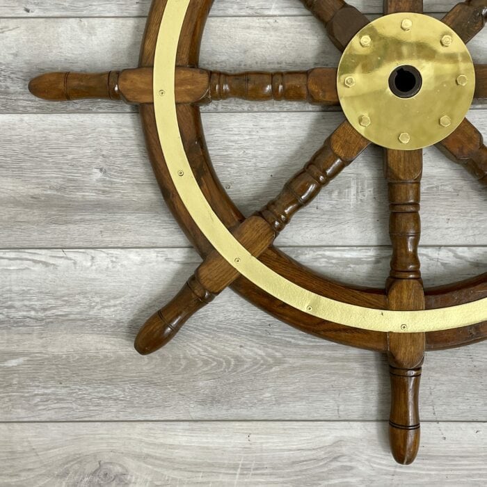 Vintage Wooden 37.5 Inch Ship's Wheel With Brass Hub