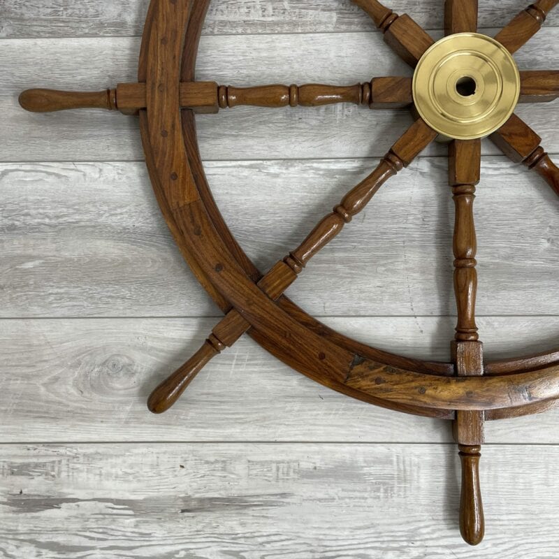 Vintage Wooden 48 Inch Ship's Wheel With Brass Hub