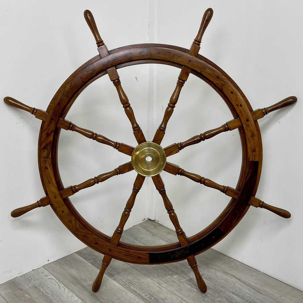 Vintage Wooden 48 Inch Ship's Wheel With Brass Hub