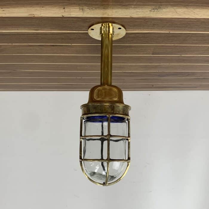 Polished Brass Ceiling Light With Blue Bottom Glass