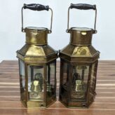 Pair of Vintage Brass Oil Lanterns by Eli Griffith & Sons-handles up