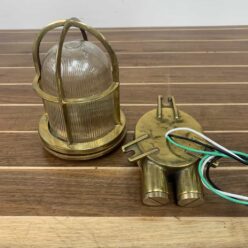 Vintage Caged Brass Nautical Ceiling Light Ribbed Glass