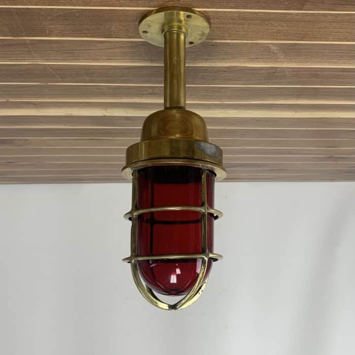 Weathered Brass Ceiling Light With Red Glass