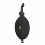 Double sheave wooden pulley with iron hook, front view on white background