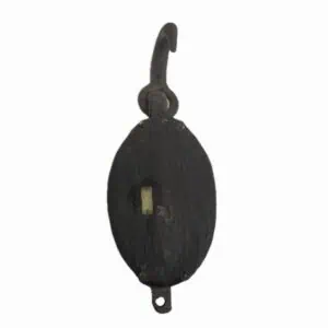 Double sheave wooden pulley with iron hook, front view on white background