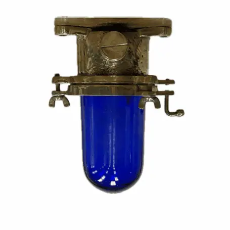 Nautical ceiling light with blue glass on white background, featuring brass finish