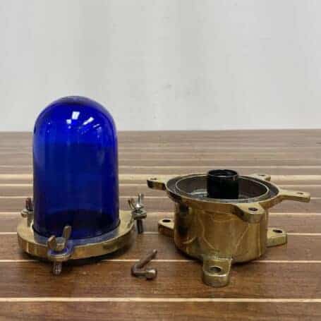 Nautical Ceiling Light With Blue Glass 04 Nautical ceiling light with blue glass and brass parts shown separated for detail