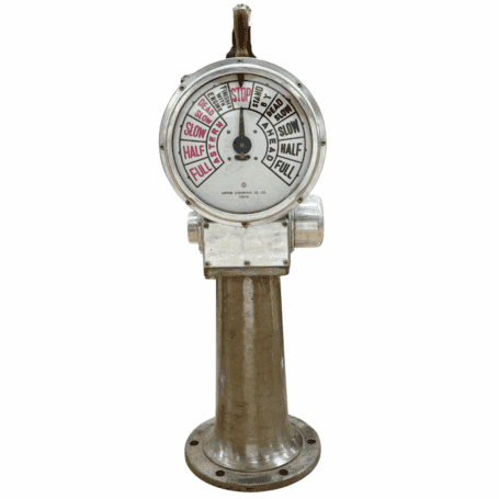 Vintage Nippon Zosenkikai Ship Telegraph (8) Vintage Nippon Zosenkikai Ship Telegraph full front main view with aluminum top and iron base