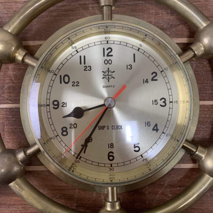 Vintage Quartz Brass Ships Wheel 24 Hour Clock