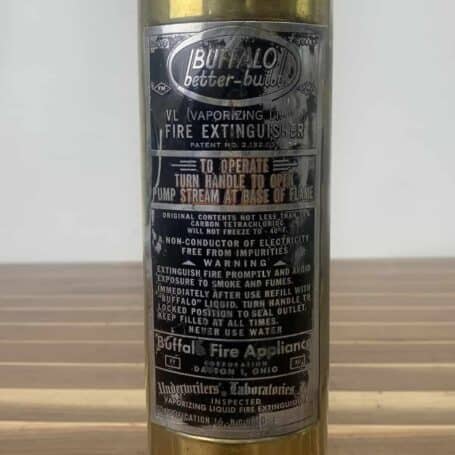 Vintage Brass Buffalo 1-1/2 Quart VL Fire Extinguisher 02 close up of plaque