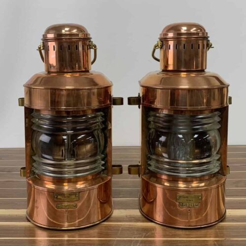 Vintage AHELMANN & Schlatter Copper Oil Lanterns-Set-front view of both