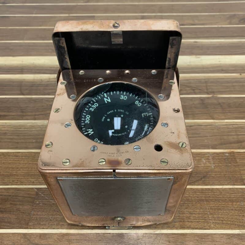 Vintage John E Hand And Sons Co Magnetic Compass In Copper Box-front and side