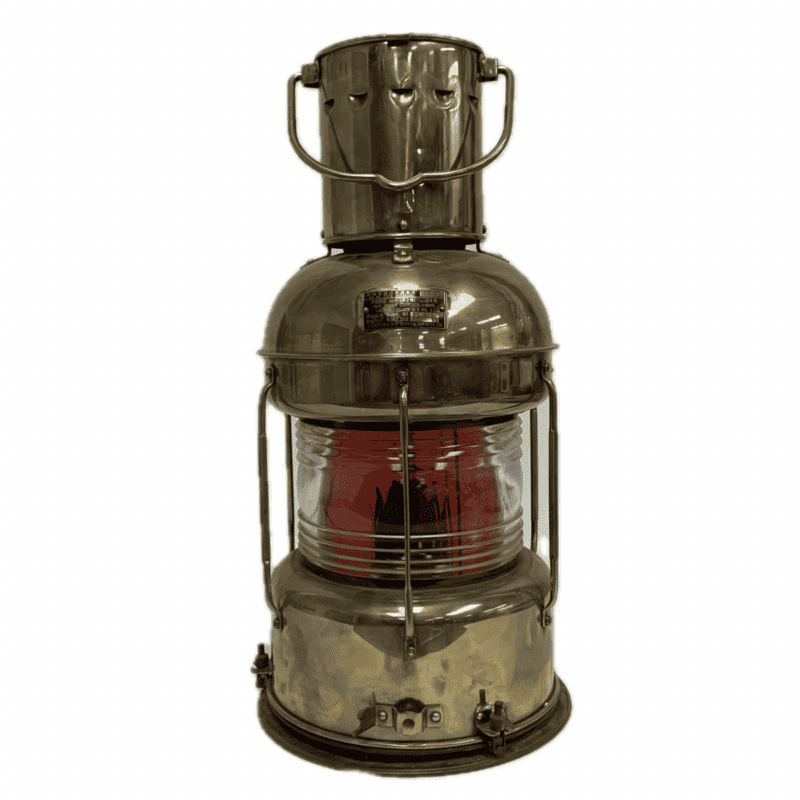 Vintage Nippon Sento Brass And Copper Red Fresnel Lens Oil Lantern-front view with white background