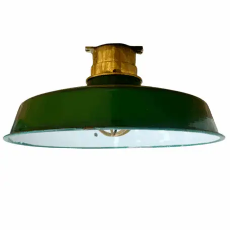 Brass Ceiling Light With Enamel Shade shown from below with green enamel shade