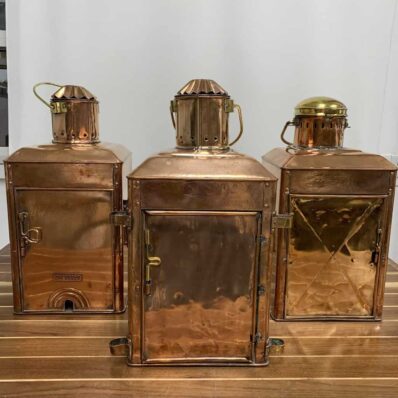 Vintage AHELMANN & Schlatter Copper Oil Lanterns-Set Of Three-back of all three