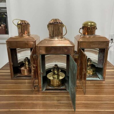 Vintage AHELMANN & Schlatter Copper Oil Lanterns-Set Of Three-open view