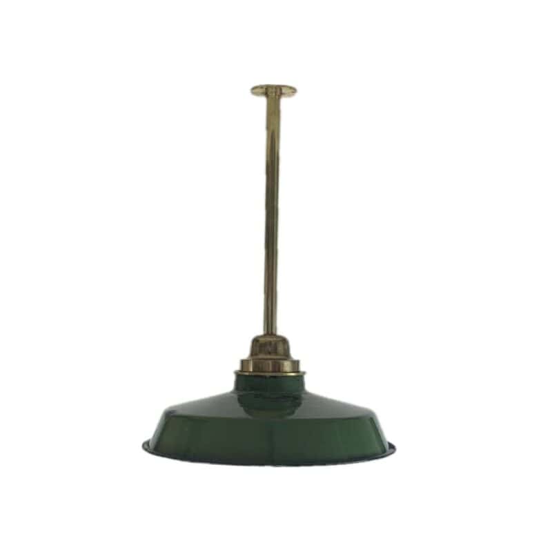 Reclaimed Polished Brass Light With Green Enamel Shade - White Background