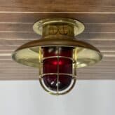 Side View: maritime Brass Ceiling Light, Red Globe - Rain Cap