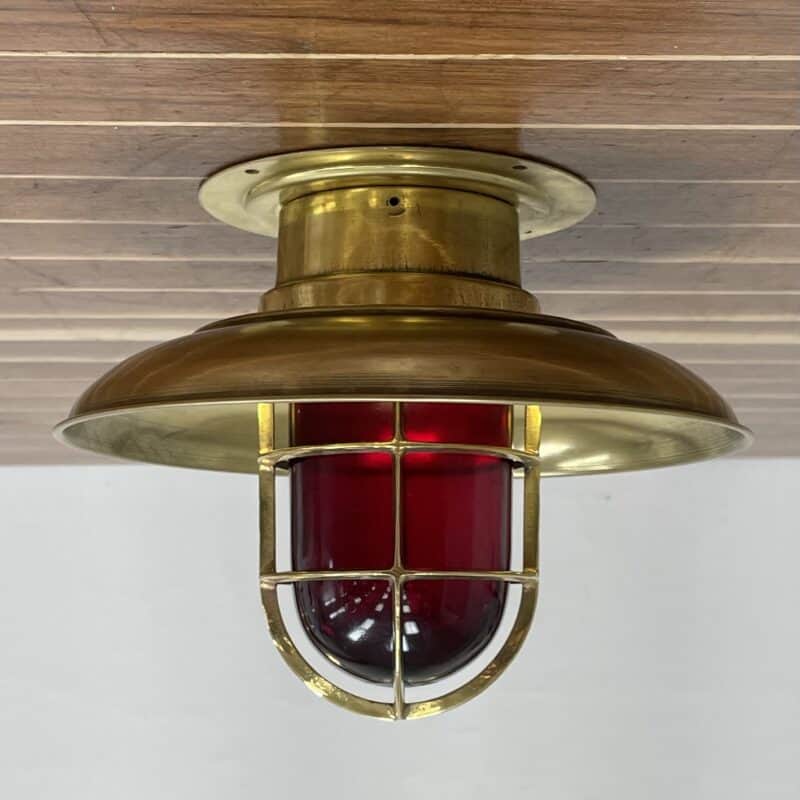 Front: Vintage Brass Ceiling Light, Red Globe - Rain Cap