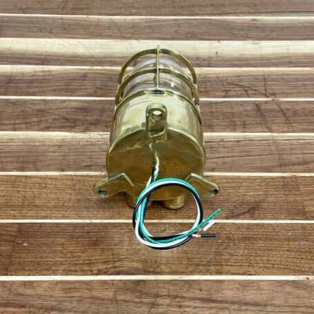 Vintage Brass Ceiling Light, DAE YANG Cage (4) Disassembled brass nautical ceiling light with cage, globe, and base parts