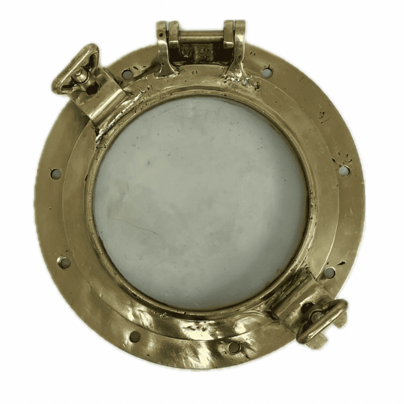 White background Vintage Brass Porthole, Frosted Glass, Salvaged - 15.25