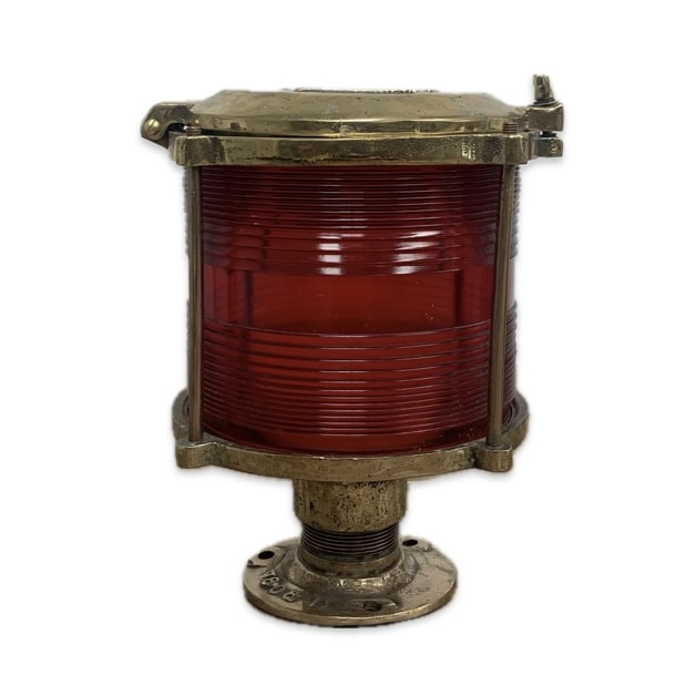 Vintage Brass Post Mount Red Glass Navigation Light-Bent Base