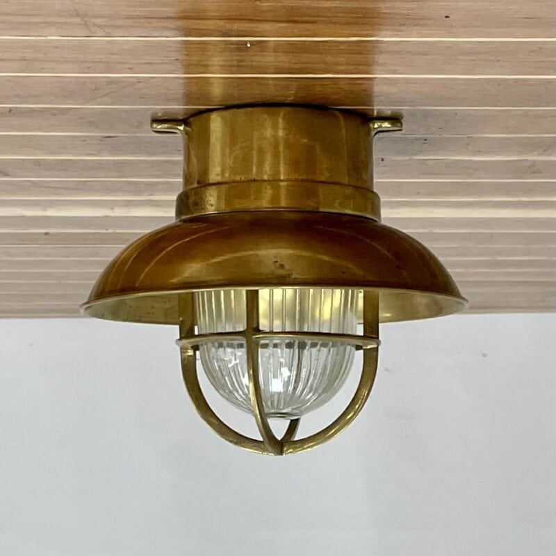 white background: Vintage Brass Small Covered Ceiling Light - Ribbed Globe