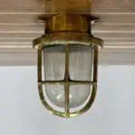 Vintage Caged Brass Nautical Ceiling Light Ribbed Glass