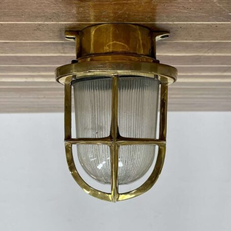 Vintage Caged Brass Nautical Ceiling Light Ribbed Glass Vintage Caged Brass Nautical Ceiling Light Ribbed Glass