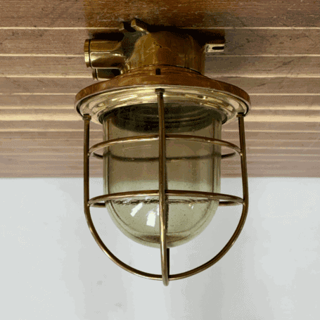 Caged Brass Large Vintage Nautical Ceiling Light - Bent Cage (3) Caged Brass Large Vintage Nautical Ceiling Light – Side Angle Left
